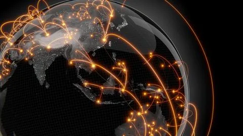 Globalization and communication concept. Earth and luminous rays. 3d renderin 스톡 일러스트