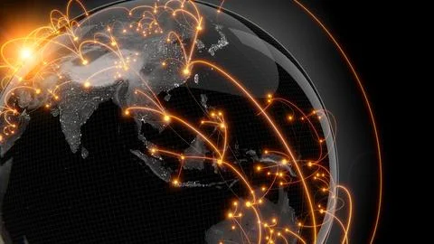 Globalization and communication concept. Earth and luminous rays. 3d renderin 스톡 일러스트
