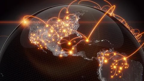 Globalization and communication concept. Earth and luminous rays. 3d renderin 스톡 일러스트