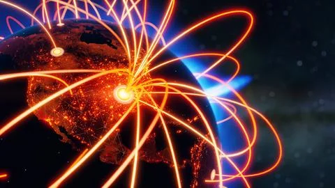 Globalization and communication concept. Earth and luminous rays. 3d renderin Stock Illustration