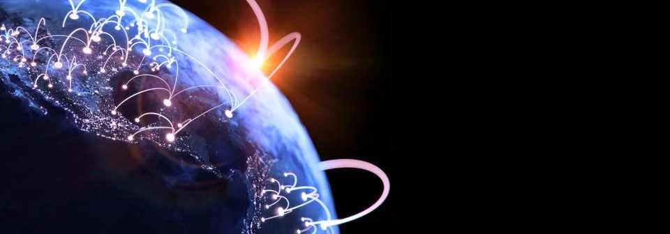 Globalization and communication concept. Earth and luminous rays. 3d renderin 스톡 일러스트
