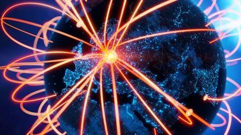 Globalization and communication concept. Earth and luminous rays. 3d renderin Stock Illustration