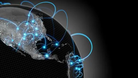Globalization and communication concept. Earth and luminous rays. 3d renderin Stock Illustration