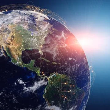 Globalization and communication concept. Earth and luminous rays. 3d renderin Stock Illustration