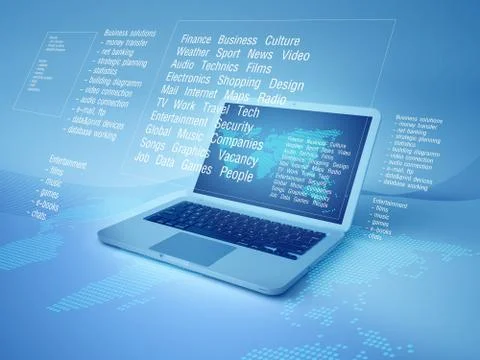 Globalization and it technology (notebook on a stylish world map with phrases Stock Illustration