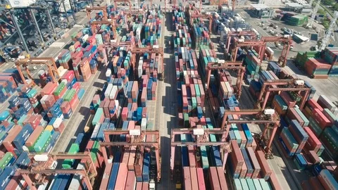 Globalization and world economy - drone shot of container terminal Hong Kong Stock Footage