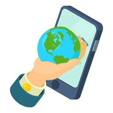 Globalization concept icon isometric vector. Hand holding planet and smartphone Illustrazione stock