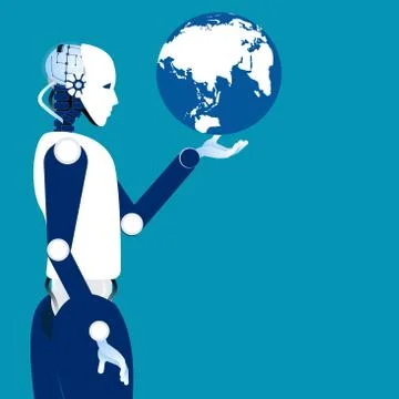 Globalization era. Globe in the robotic hand. Concept robot and automation ve Stock Illustration