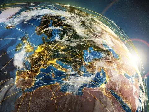 Globalization or communication concept. Earth and luminous rays symbolizing n Stock Illustration