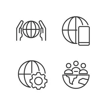 Globalization process pixel perfect linear icons set Stock Illustration