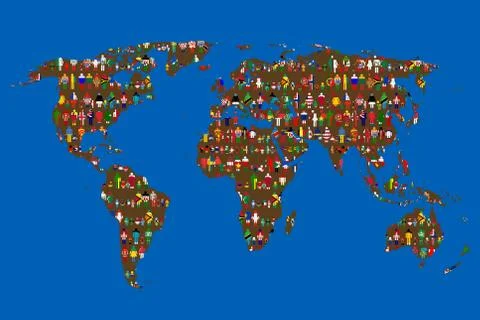 Globalizing concept of World map with people made from flags Stock Illustration