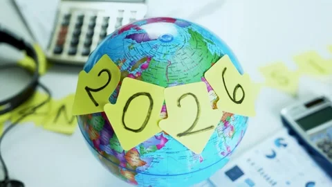 Globe with 2026 Sticky Notes and Office Items Stockbeeldmateriaal 321223933