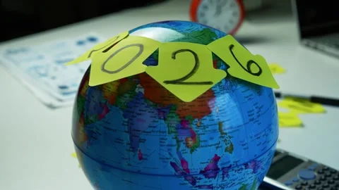 Globe with 2026 Sticky Notes on Office Desk Stock Footage 321223535