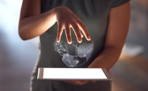 Globe abstract, hands or tablet screen for woman with global networking mockup Stock Photos