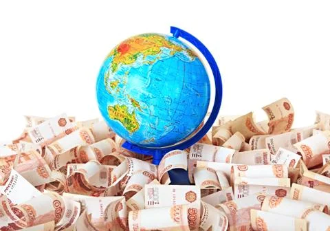Globe against five thousandth Russian banknotes 스톡 사진