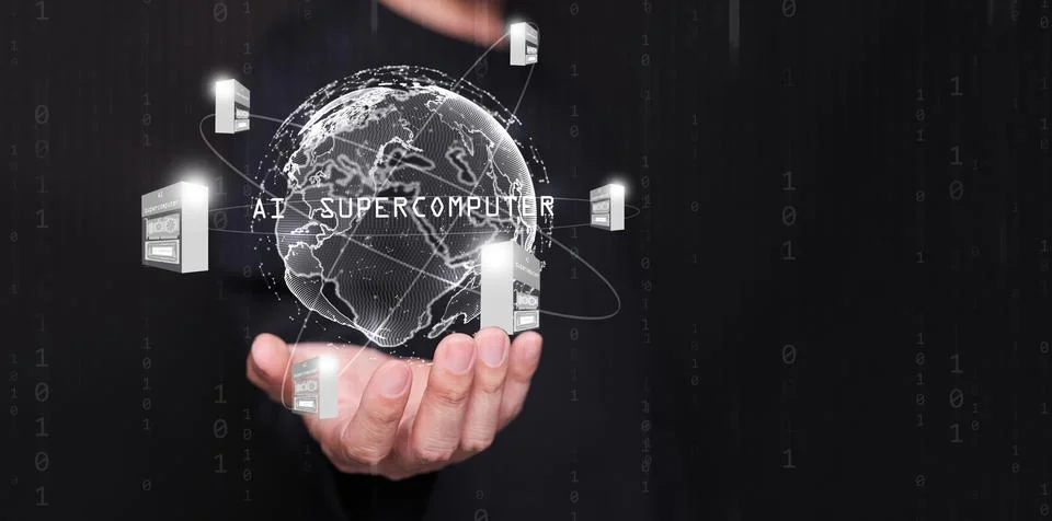 A globe with an AI supercomputer orbiting in a man hand. Super computers ev.. 库存照片