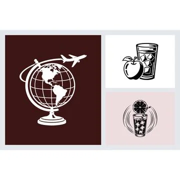 Globe with airplane and refreshing fruit drinks set Stock Illustration