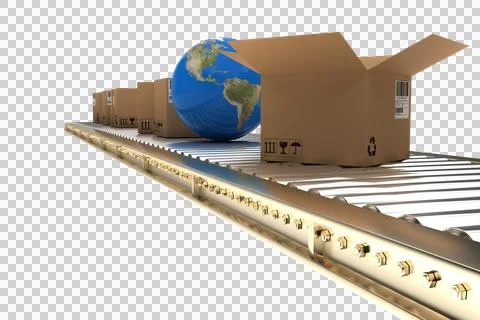 Globe amidst boxes on 3D conveyor belt Stock Photos