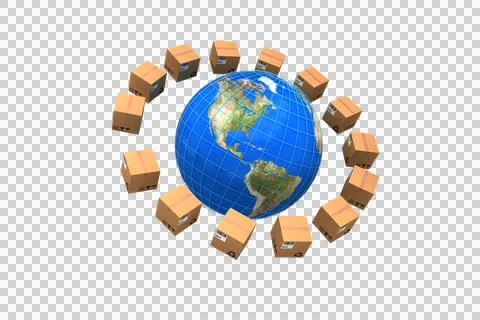 Globe amidst brown boxes Illustration
