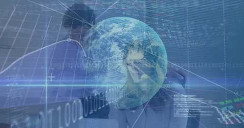 Globe and binary code animation over business people analyzing data on screens Stock Footage 304014569