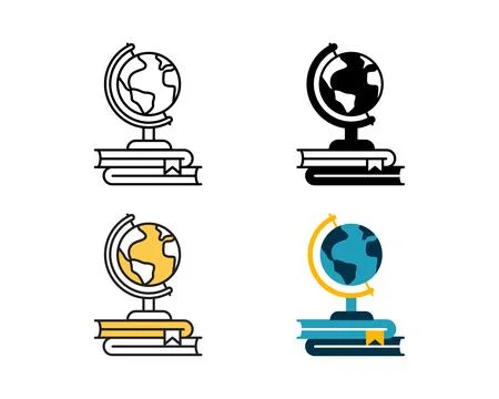 Globe and books icon vector design in 4 style line, glyph, duotone, and flat. Stock Illustration