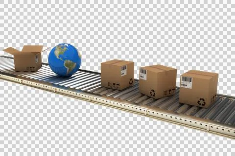 Globe and boxes on 3D conveyor belt Foto stock