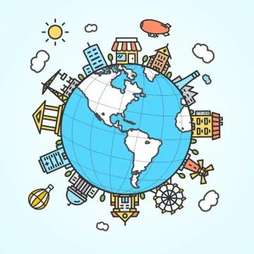 Globe and Building Around. Vector Stock-Illustration