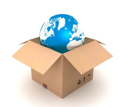 Globe and cardboard box concept 3d illustration Stock Illustration