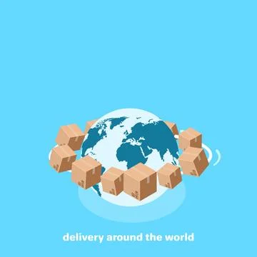 The globe and cardboard boxes flying around the earth, an isometric image Stock Illustration