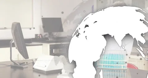 Globe and code overlay fading initiating lab tech pipetting tubes for research Stock Footage 318092486