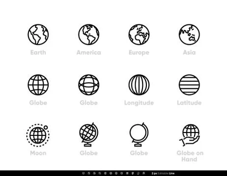 Globe and Continents Editable Line Icons Stock Illustration