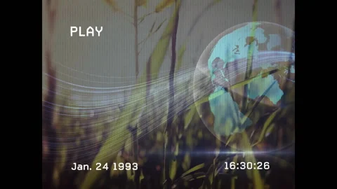 Globe and data lines animation over vintage video playback with date and time Stock Footage 306170128