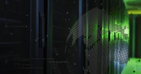 Globe and data processing image over server racks in data center 写真素材