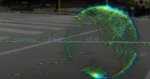 Globe and data processing over time-lapse of low section of people crossing the 스톡 동영상 328585889