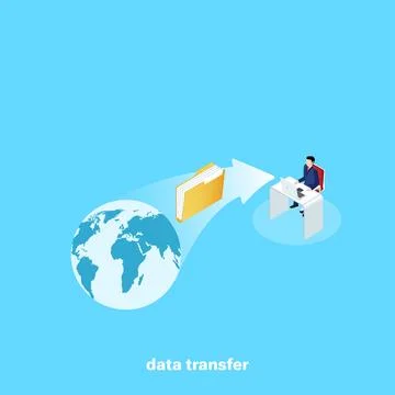 Globe and a folder with documents, a man in a business suit behind a workplac Illustrazione stock