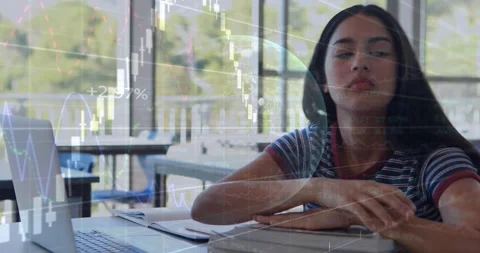 Globe and graph over tired caucasian girl studying over laptop and sleeping on Stock Footage 328243562