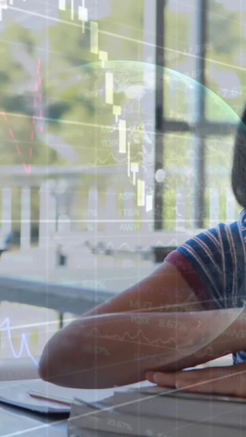 Globe and graph over tired caucasian girl studying over laptop and sleeping on Stock Footage 343128380