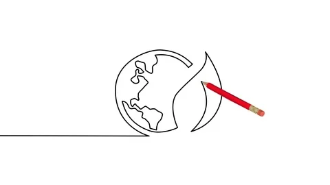 Globe And Leaf One Stroke Animation Drawn With Pencil Stock Footage 113904969