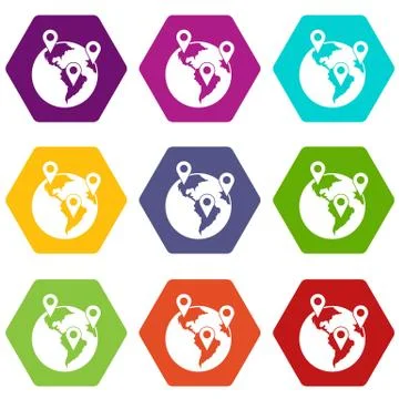 Globe and map pointers icon set color hexahedron 스톡 일러스트