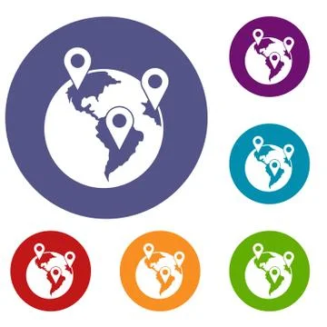Globe and map pointers icons set Stock Illustration