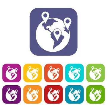 Globe and map pointers icons set Stock Illustration