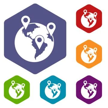 Globe and map pointers icons set 库存插图