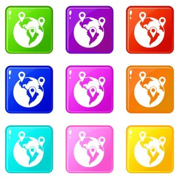 Globe and map pointers icons 9 set Stock Illustration