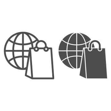 Globe and package line and solid icon, global shopping concept, Customer bag Illustrazione stock