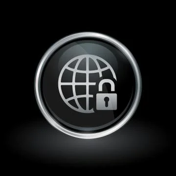 Globe and padlock icon inside round silver and black emblem Stock Illustration