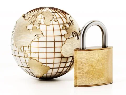 Globe and padlock isolated on white background. 3D illustration isolated o... Stock Photos