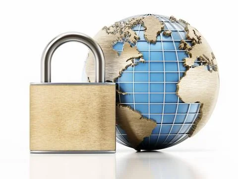 Globe and padlock isolated on white background. 3D illustration isolated o... Stock Photos