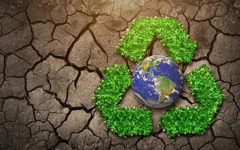 The globe and the recycled logo that rises from the leaves are placed on th.. Stock Photos