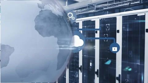 Globe and servers globe spinning on mid section of two servers against warehouse Stock Footage 328255223