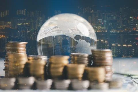 Globe and stack with coins. Money makes the world go round. Double exposure.. Stock Illustration